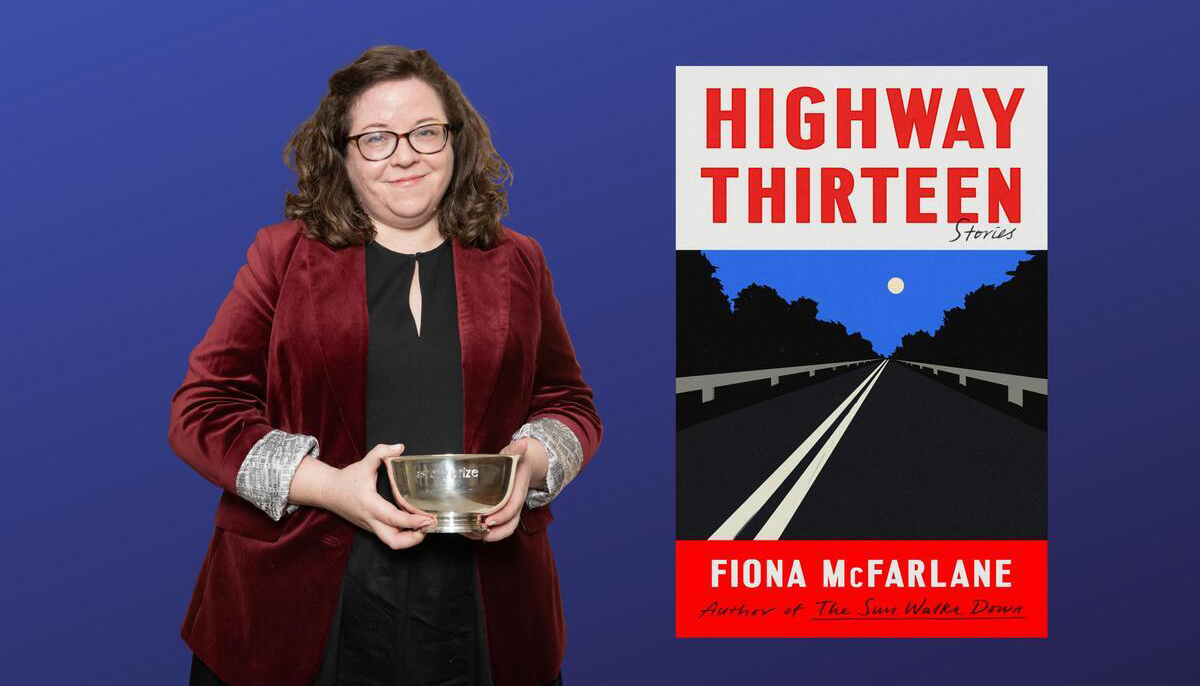 Fiona McFarlane holds an award for The Story Prize and smiles