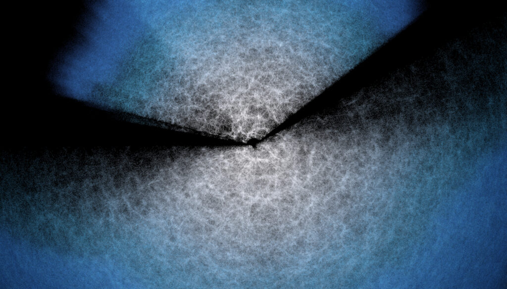 two opposing wedges of fluffy white and blue material against a black background