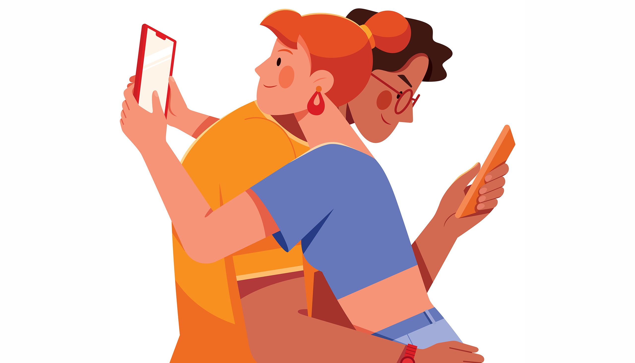 an illustration of two people hugging, both using devices over the other person's shoulder