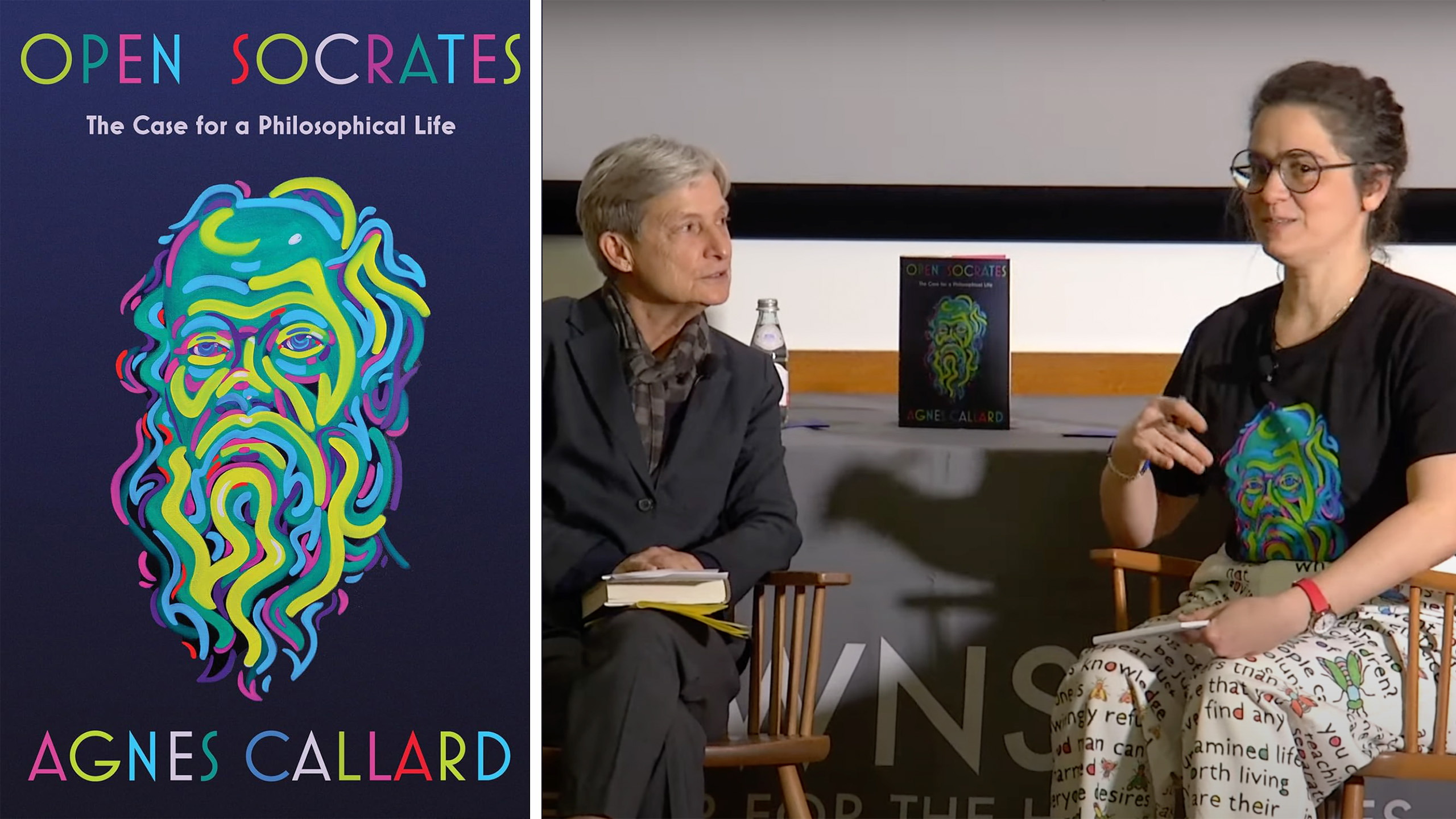 two images side by side: on the left, the cover of the book Open Socrates and on the right, Judith Butler and Agnes Callard in a conversation