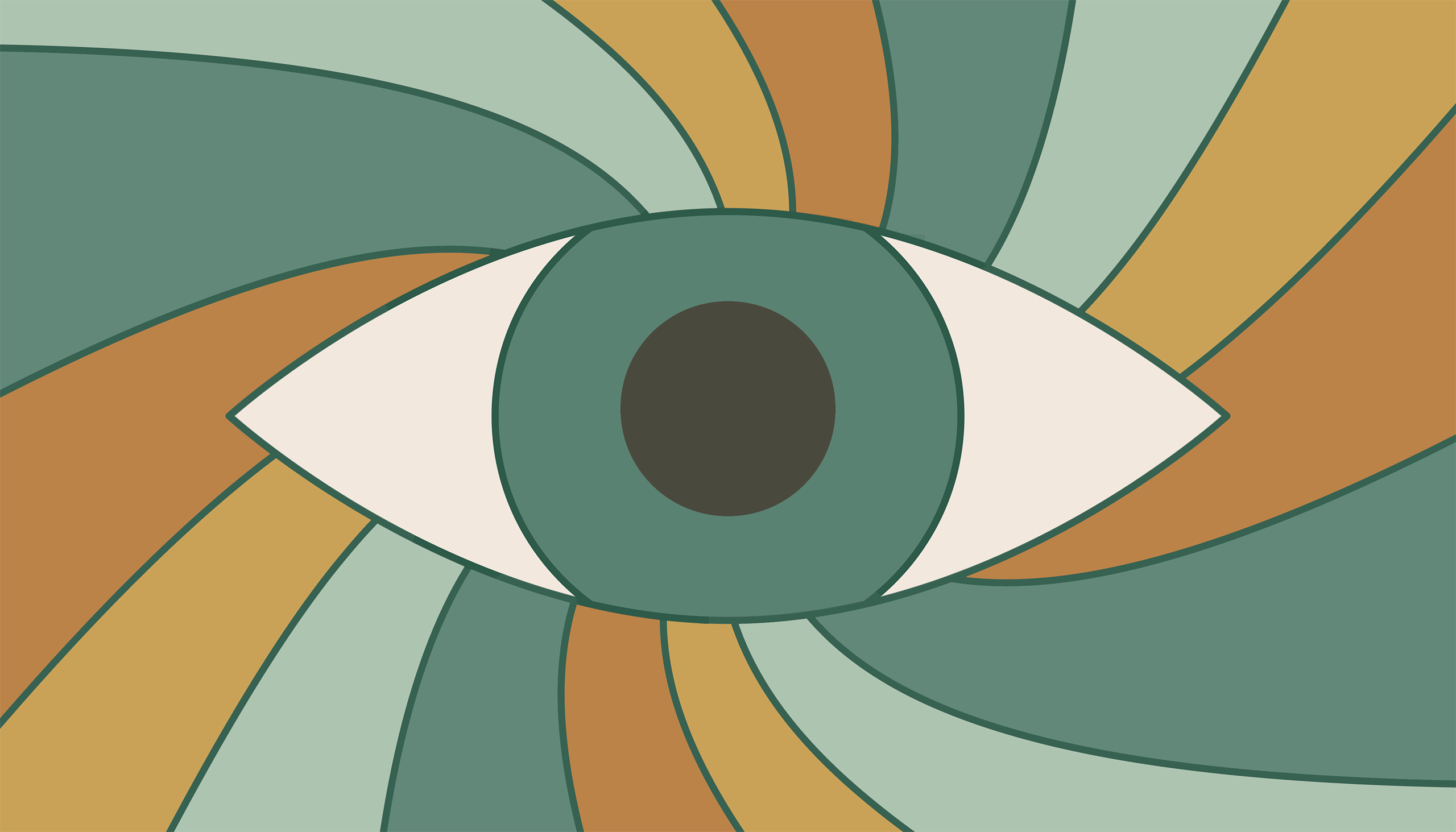 an illustration of an eye with a pinwheel of four alternating colors surrounding it, suggesting that the eye is seeing those colors